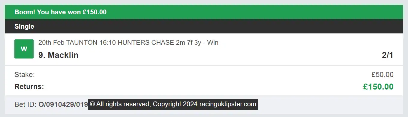Racing UK Tipster - Winner 1 - 2024-02-20